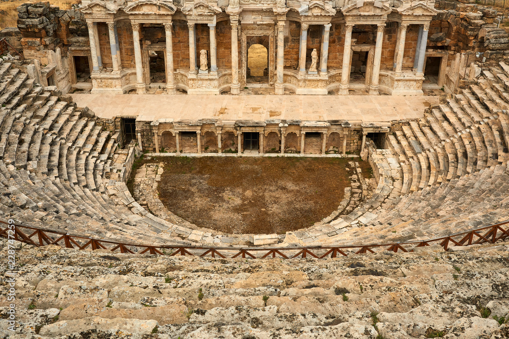 Ancient amphitheater, Hierapolis - an ancient city located on the slope of the Cökelez mountain, above the Pamukkale limestone terraces, approx. 15 km from Denizli in south-western Turkey (Anatolia)