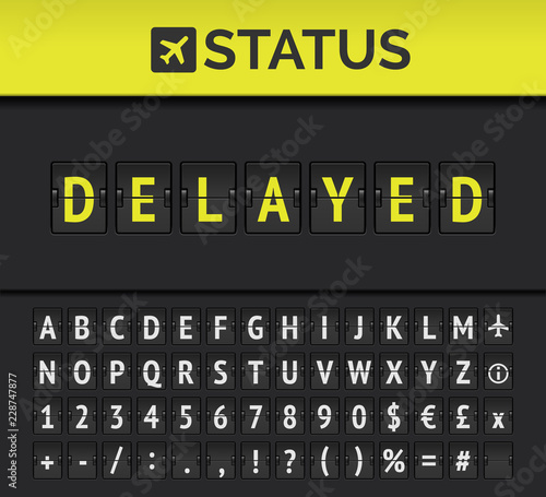 Airport flip board showing flight departure or arrival status Delayed. Vector