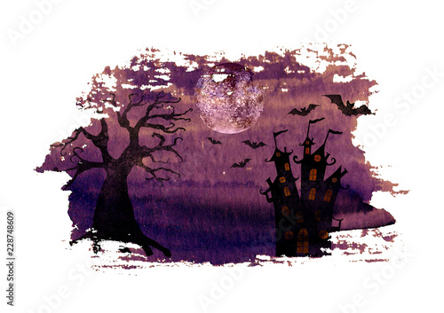 Halloween dark purple night background with terrible dead tree, castle, bats and full moon