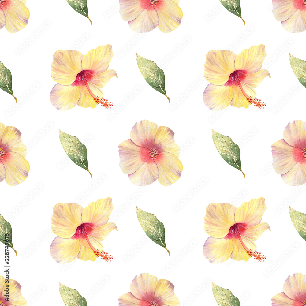 Watercolor seamless pattern with hibiscus