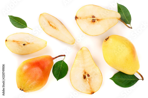 ripe red yellow pear fruits with leaves isolated on white background. Top view. Flat lay pattern