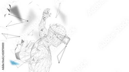 Man with glasses of virtual reality. Future technology concept. Abstract vr world with connecting lines, dots and triangles. 3D vector illustration.