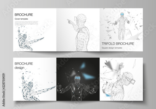 The minimal vector editable layout of two square format covers design template for trifold square brochure, flyer, magazine. Man with glasses of virtual reality. Abstract vr, future technology concept