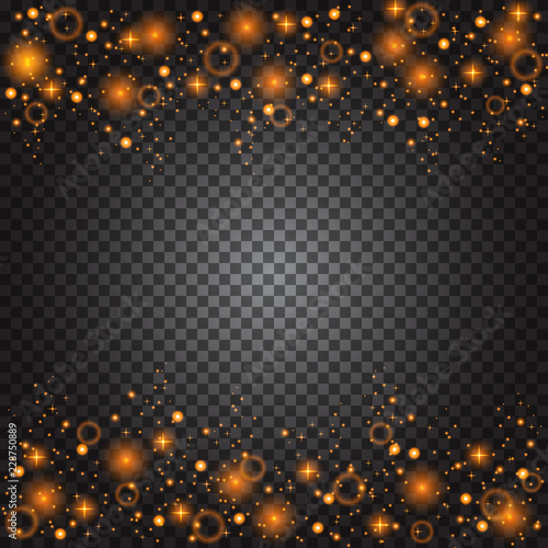 Golden shimmer texture for backdrop design. Gold dust is strewed. Twinkling stars and bokeh among the golden dust. Vector. Eps10.