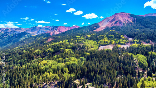 Aerial Rocky Mountains Passage Canyon Green Aspen and Pine