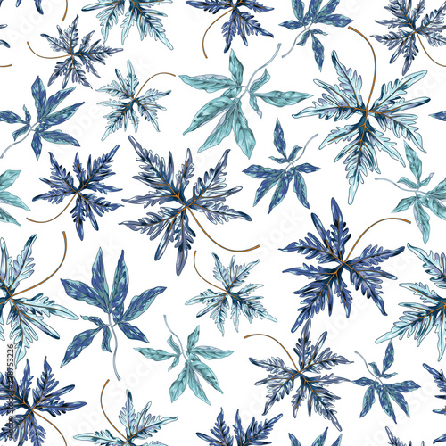 Bright Blue Leaf Seamless Botanical Vector Pattern
