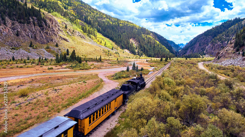 Obraz na plátně Aerial Old Train in Silverton Mining Town Coal