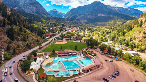 Aerial Hot Springs Ouray Mountain town photo