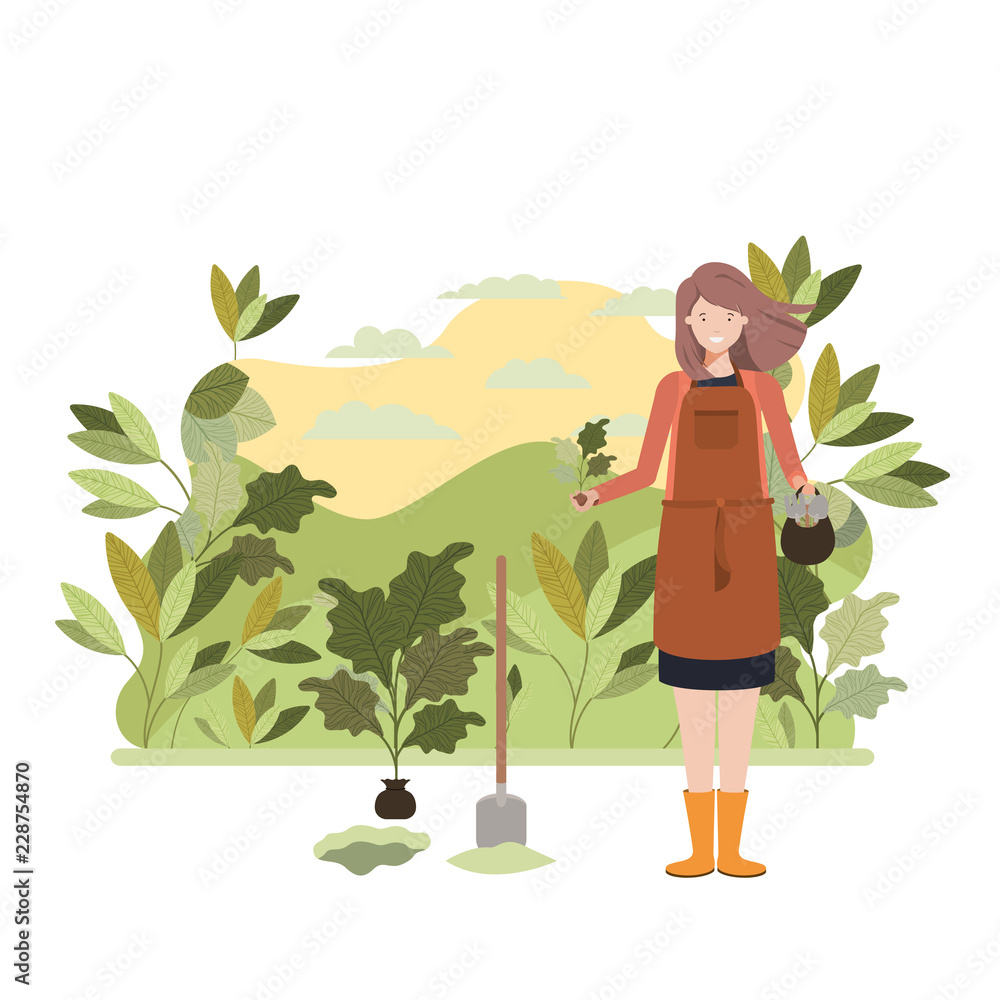 woman gardener with landscape avatar character woman gardener with landscape avatar character