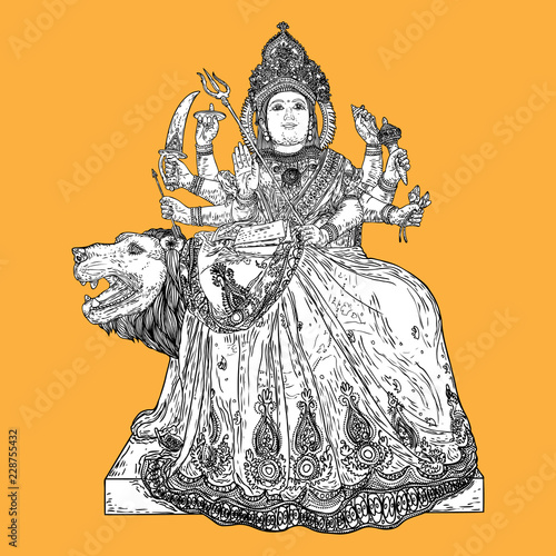 Indian Goddess Durga classic sculpture for Durga Puja holiday festival of India in Dussehra Vijayadashami Navratri. Hand drawn isolated design. Vector.