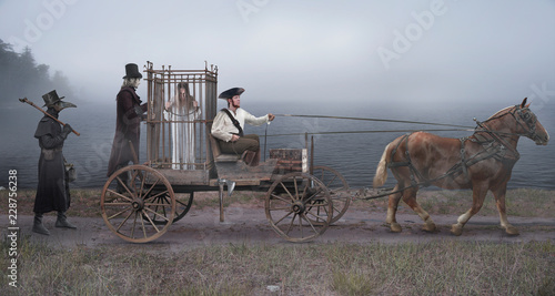 Canvas Print The guard, coachman and plague doctor escort the arrested witch