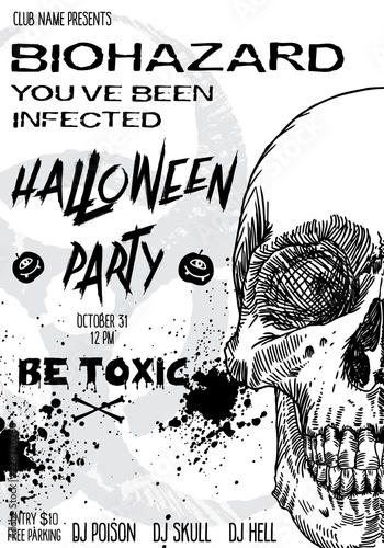 Hand drawn style Halloween poster design with Halloween skulls and calligraphy.  Black white flyer and party invitation designs. Vector.