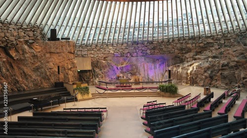 Dolly shot of Altar of Temppeliaukio Church in Helsinki