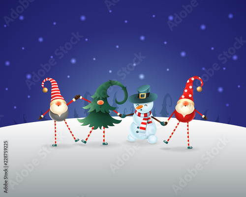 Christmas background. Happy friends three Gnomes and Snowman celebrate Christmas and New Year. Blue night winter landscape