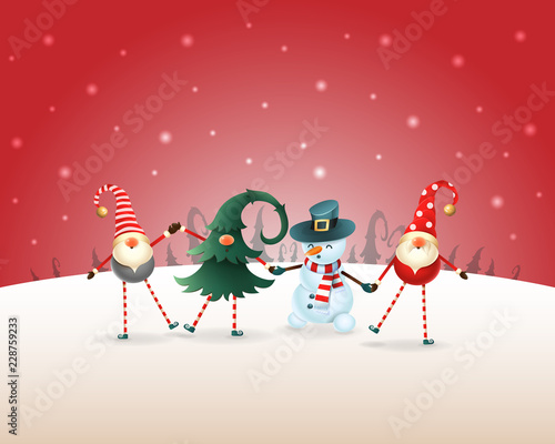 Christmas background. Happy friends three Gnomes and Snowman celebrate Christmas and New Year on red winter landscape