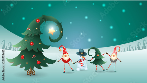 Friends celebrate Winter Solstice, Christmas and New Year. Scandinavian gnomes and snowman with decorated christmas tree. Turquoise snowy winter landscape