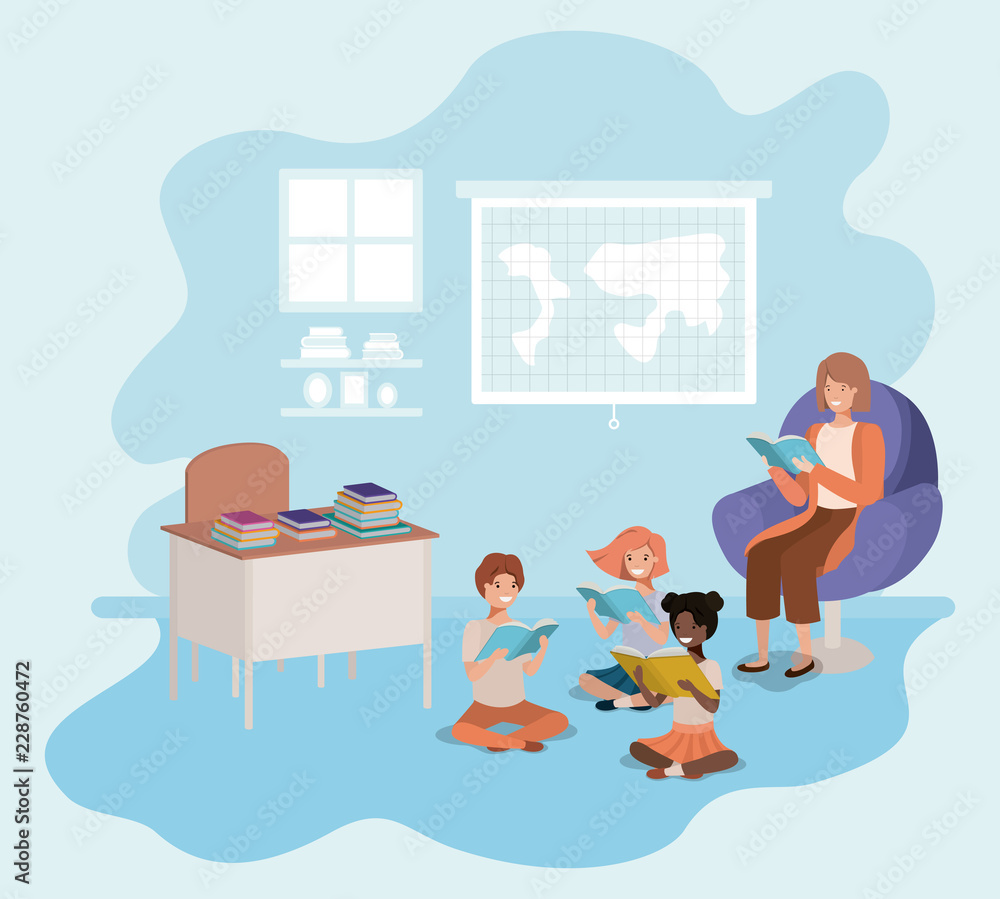 woman reading book in the sofa with kids woman reading book in the sofa with kids