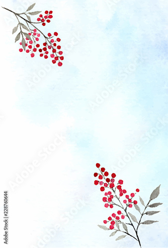 はがきテンプレート　水彩背景　南天　縦