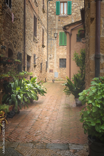 Flowery streets on a rainy spring day in a small magical village Pienza  Tuscany.