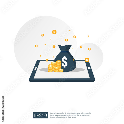 dollar pile stack and money bag on smartphone. concept for business investment, digital mobile wallet, Internet banking, make profit online, wireless transfer payment. flat style vector illustration.