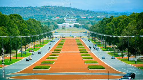 Anzac Boulevard - View from Australian War Memorial, looking toward the Australian Parliament Building in the Far Distance, Canberra, Australia photo