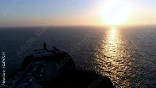 Aerial shot of Cabo de sao vicente - Cape St. Vincent - southernmost point of continental europe at sunset