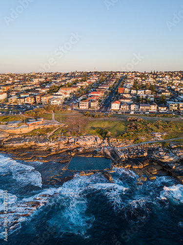 Aerial view of Maroubra coastline and residential districts.