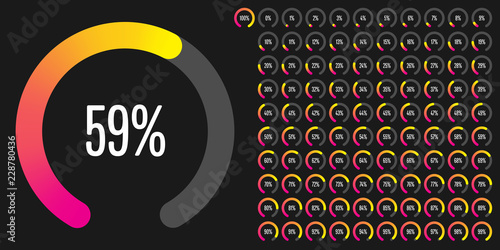 Set of circular sector percentage diagrams (meters) from 0 to 100 ready-to-use for web design, user interface (UI) or infographic - indicator with gradient from magenta (hot pink) to yellow