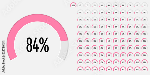 Set of circular sector percentage diagrams (meters) from 0 to 100 ready-to-use for web design, user interface (UI) or infographic - indicator with pink