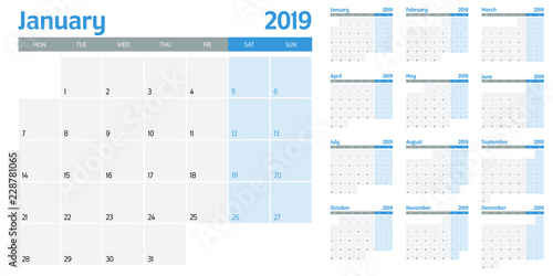 Calendar planner 2019 template vector illustration all 12 months week starts on Monday and indicate weekends on Saturday and Sunday