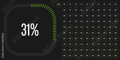 Set of rectangle percentage diagrams from 0 to 100 ready-to-use for web design, user interface (UI) or infographic - indicator with green