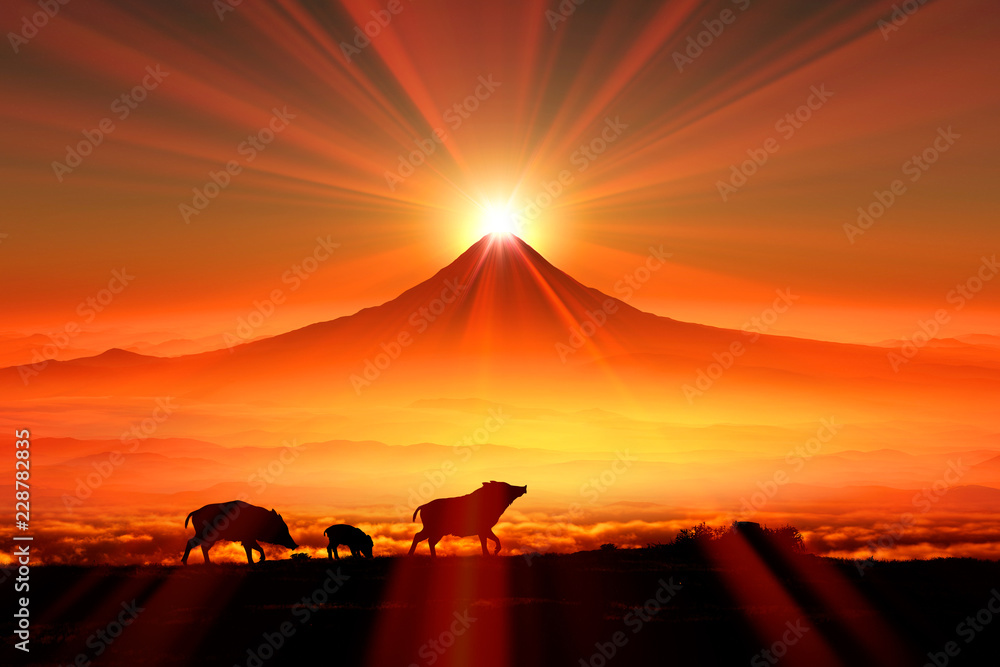 富士山の日の出とイノシシのシルエット