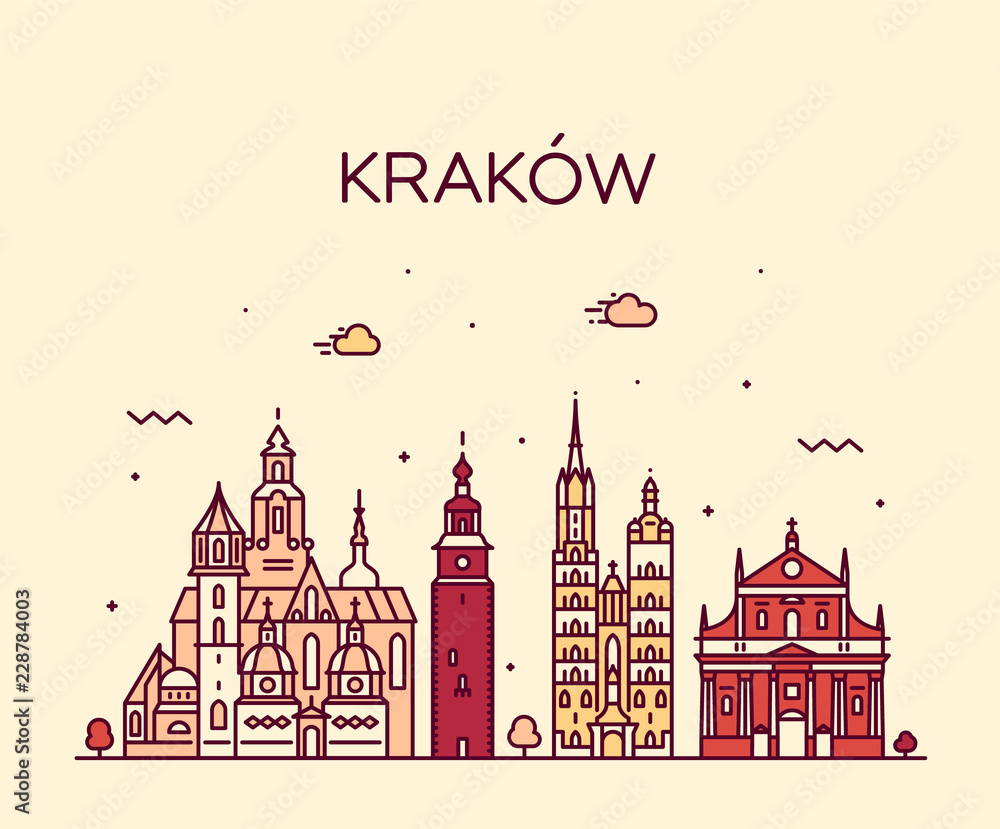 Krakow skyline, Poland. Trendy vector linear city