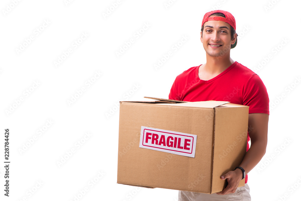Handsome contractor holding fragile box isolated on white Handsome contractor holding fragile box isolated on white