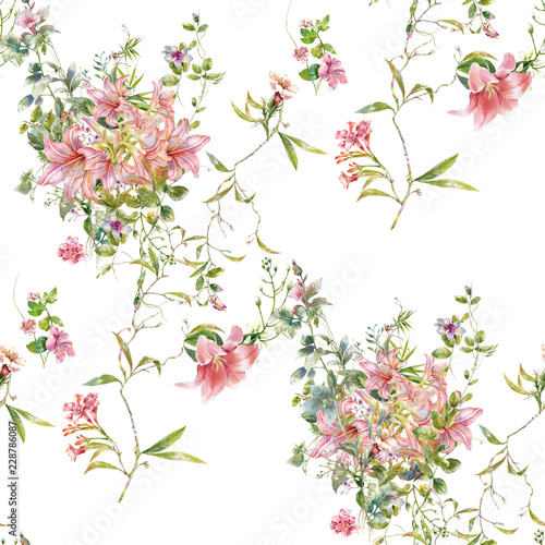 Watercolor painting of leaf and flowers, seamless pattern on white background