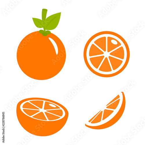 Orange fruit with leaf and slices of oranges. Collection of fresh ripe oranges  icon vector