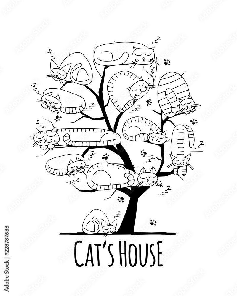 Tree with sleeping cats, sketch for your design