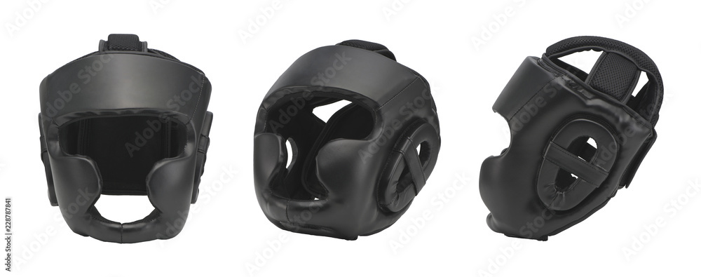 Φωτογραφία set black sports boxing helmet for training, on white background, isolated