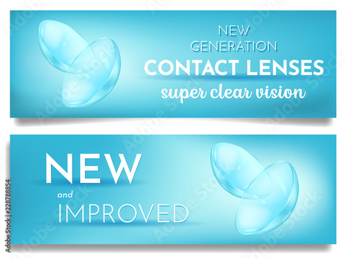 Set of advertising banner new eye contact lenses, super clear vision, promotion, ads template, correct poor vision, vector illustration