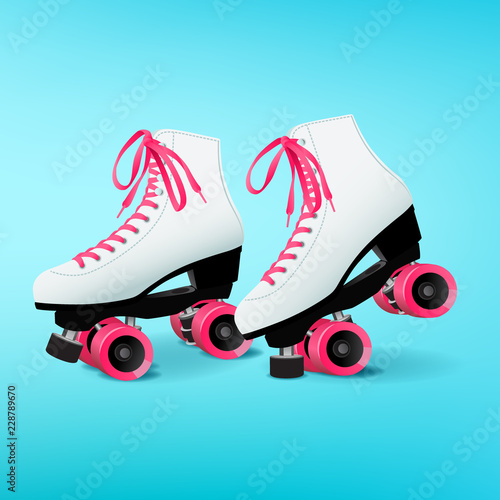 Pair of white roller skates with pink shoelaces on blue background, pink wheels, equipment for outdoor activities, vector illustration in flat style