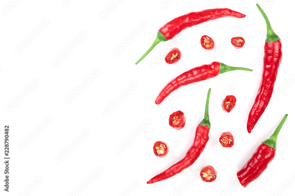 red hot chili peppers isolated on white background. Top view. Flat lay pattern red hot chili peppers isolated on white background. Top view. Flat lay pattern