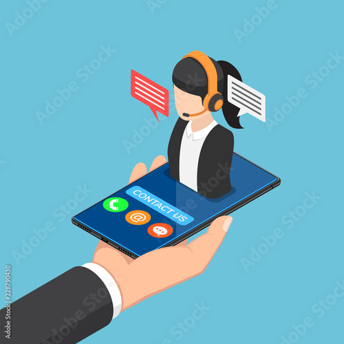 Isometric businessman hand holding smartphone with female call center icon