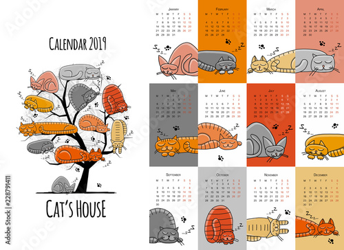 Sleeping cats. Design calendar 2019