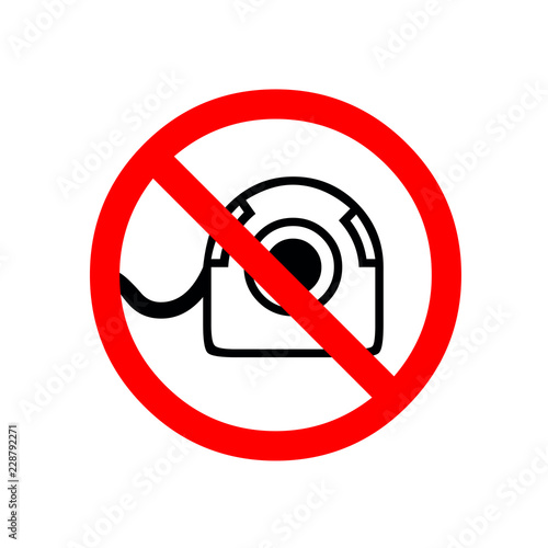 No video camera, prohibited sign icon in badge style. One of Decline collection icon can be used for UI, UX on white background
