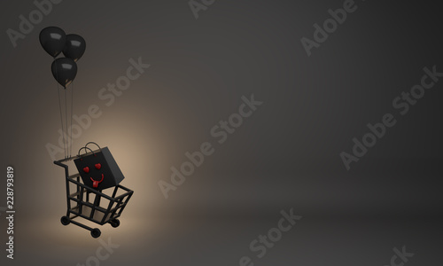 Black basket trolley cart and love emoji shopping bag in the studio lighting  copy space text  Design creative concept for black friday sale event. 3D rendering illustration.