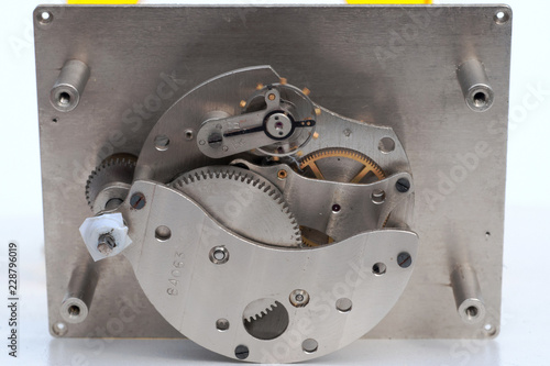 Inside of old desktop mechanical watch, rear view