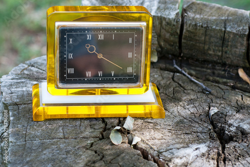 The ancient square desk clock with a black dial, gold hands and a transparent amber body stands on a wooden stump next to the dried leaf