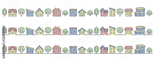 デフォルメした家と木の並び(手書風線画と落書き風着色)