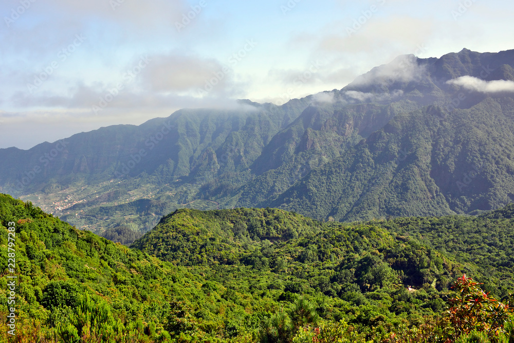 Mountain landscape of Madeira Island, view the pass Boca da Encumeada.