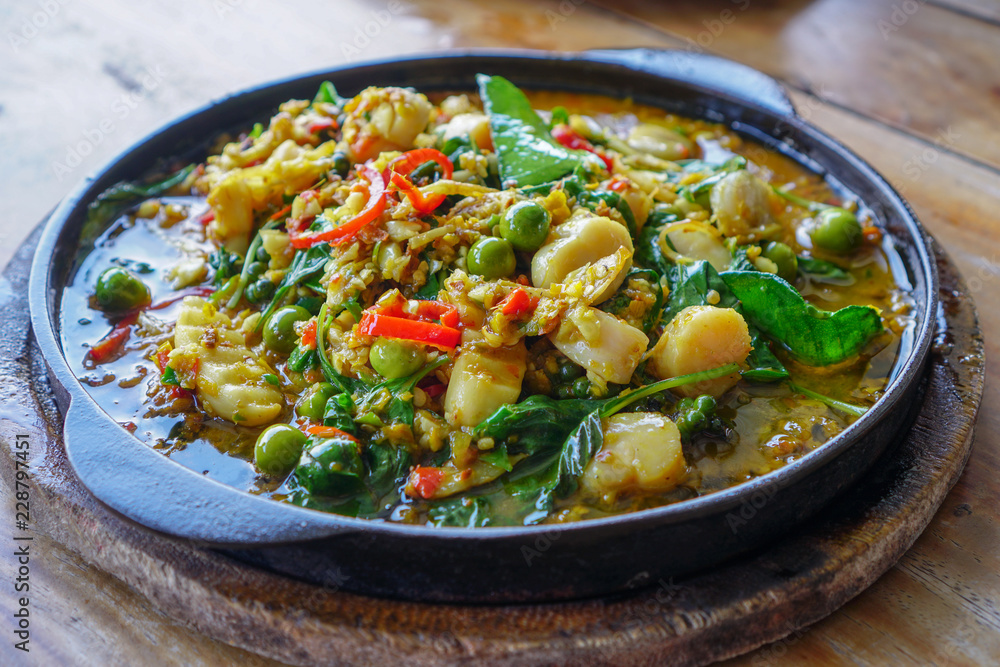 Thai Food,Fried herbal vegetables with scallops Thai Food,Fried herbal vegetables with scallops